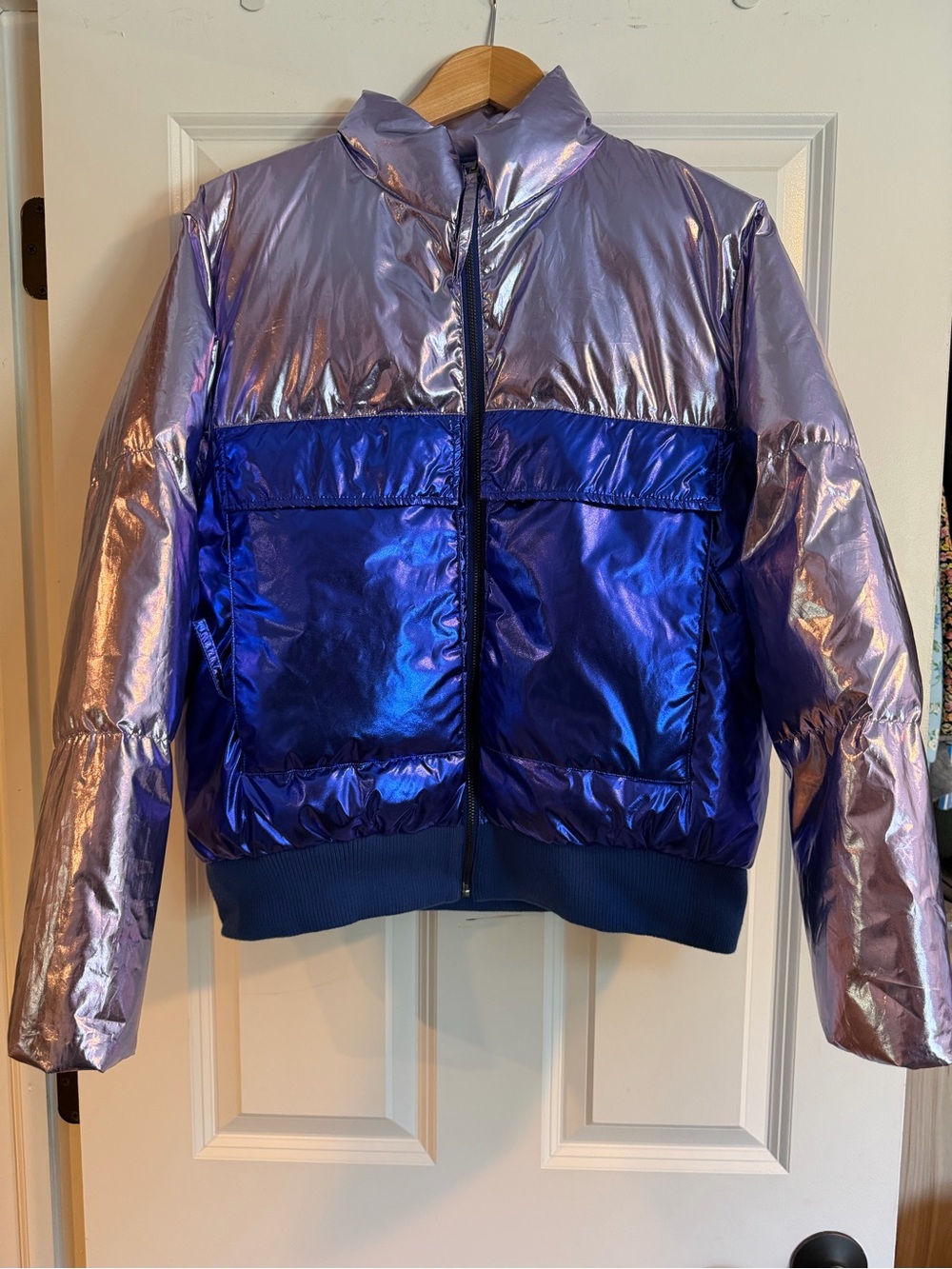 Central Park West Iridescent Blue and Purple Metallic Bomber Jacket
